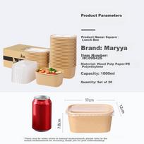 MARYYA Disposable Square Food Containers 1000ml*20 Sets, Food-Grade Picnic Takeout Fruit Kraft Paper Takeout Boxes with Lids