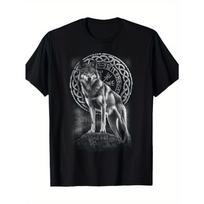 Men Pure Cotton Viking Wolf Celtic Knotwork Norse Mythology T-Shirt Black Casual Tee for Hiking Outdoor S