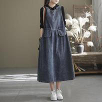 DIMANAF didelio dydžio rudeninė suknelė džinsinė be rankovių moteriška elegantiška medvilniniai viršutiniai rūbai ilga suknelė laisva laisvalaikio oversize drabužiai L mėlyna