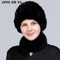 JINGERYA Moterys megzti tikro rekso triušio kailio kepuraitės šaliko rinkiniai Natūralūs šilti rekso triušio kailio šalikai kepurė Žieminė panelė Real Rex triušio kailio kepurė Šalikas
