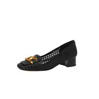 Krazing Pot Cow Skin Weaving Summer Size 41 Thick Heels Party Shoes Women Women Square Toe Metal Decoration Pumps 35 juoda