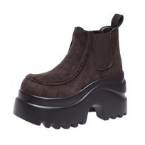 Fashion 9CM Women Ankle Boots Microfiber Leather High Platform Boots Autumn Winter Chunky Booties Slip on Short Punk Boots Sneakers 34 tamsiai ruda spalva