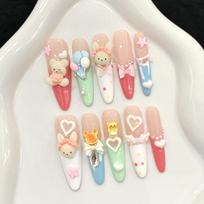 Handmade Press on Nails Long Stiletto Full Cover Glue on Fake Nails Holiday Nails Press ons with 3D Design Acrylic False Nail Stick on Nail for Women XS