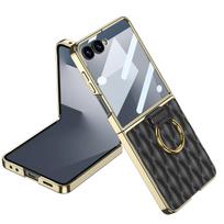 Luxury Diamond Leather Ring Holder Case for Samsung Galaxy Z Flip 7 6 5 Screen Glass Plating Edge Cover for Galaxy Z Flip7 Case Choose Phone Model&Galaxy Z Flip7 juoda