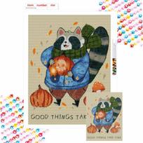 5D Full Round Drill Diamond Painting Kit Autumn Raccoon with Pumpkin Wall Art Decor Round 20x30cm