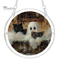 Transparent Halloween Wall Decor Acrylic Suncatcher Jigsaw Puzzle Set, Spooky Ghost Floral Meadow Window Hanging Ornament with Metal Colorful Frame & E