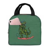 Green Cartoon Skateboard Dinosaur Print Lunch Tote Bag Insulated Leakproof Lunch Box Container with Front Pocket for Girls Boys juoda
