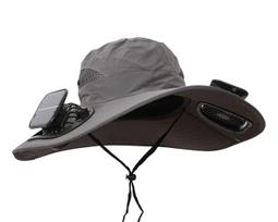 Rechargeable Wide Brim Fishing Cap Camping Solar Fan Hat with 2 Solar Pans & UV Protection for Men Women 56-60CM tamsiai pilka spalva