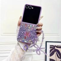 Phone Case for Samsung Galaxy Z Flip 7 6 5 4 Flip6 Flip7 FE Bling Diamond Butterfly Bracelet Chain Hard Shockproof Back Cover Galaxy Z Flip4 violetinė
