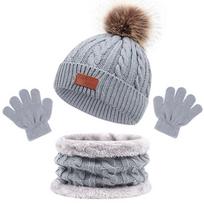 3pcs/set Comfortable Toddler Bonnet Solid Color Kids Hat Set Warm Ears Knitted Hats  Outdoor pilka