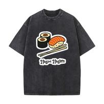 never enough sushi cute design 2025 Heavy Men Washed Casual Cotton Short Sleeve Acid Wash Top S