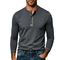 Mens American Style Crew Neck Long Sleeve Henley T Shirt Casual Solid Bottoming Top S pilka