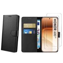 Case for Honor 600 5G and 2 Tempered Glasses - Black Wallet Magnetic Flip Cover Card Holder Phonillico® juoda
