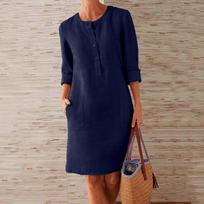 Moteriskas lininis suknelė su apvalia iškirpte iki kelių Boho laisvalaikio laisva suknelė su sagomis Moteriška elegantiška madinga vasarinė suknelė paplūdimiui Vestido L mėlyna