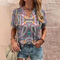 Summer Women Vintage T-shirt Bohemia Floral V-Neck Tops Tees Female Fashion Short Sleeve Clothing Ladies Daily Casual Outfit XXS