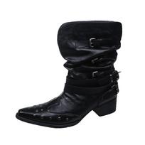 Pleated Short-thigh Boots Women's Autumn New Pointed Toe Studded Metal Buckle Sleeve Non-slip Block Heel Kitten Shoes 35 juoda