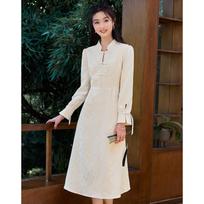 Elegant Long Sleeve A-Line Midi Dress L abrikosas