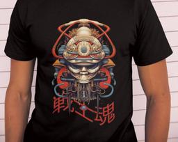 Futuristic Samurai Mask T-Shirt: Japanese Warrior Spirit Tee M