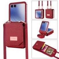 VIETAO Girls' PU Leather Z Flip 7 Card Wallet Phone Case With Crossbody Strap Compatible With Galaxy Z Flip 7 Flip6 Flip5 z4 z3 Galaxy Z Flip6 tamsiai raudona spalva