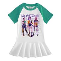 Kpop Monster Hunter Girls Cartoon Pleated Dress - Summer Short Sleeve Ruffle Skirt 90 cm žalia
