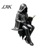 Sitting Grim Reaper Model Gothic Dark Fantasy Figure, Reading Hooded Statue, Resin Skeleton Statue Halloween Figurine for Bookshelf Home Decor A