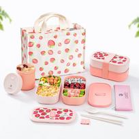 CAMUZ Bamboo Fiber Lunch Box, Japanese-Style Double-Layer Bento Box, Microwave-Safe, Sealed 1200ML Strawberry Set