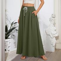 Moteriški laisvai krintantys platėjantys raukiniais apačia A linijos maksi sijonai elastingu juosmeniu elegantiški daugiasluoksniai boho ilgi sijonai L armijos žalia spalva