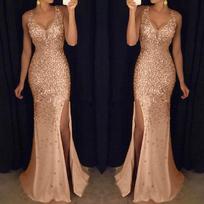 Suknelė su aukštu skeltuku Moteriška Sequin Prom vakarėliui Elegantiška panelė Atvira nugara Seksuali suknelė Moteriška Auksinė Elegantiška Vestuvių palydovė V formos iškirptė Ilga suknelė L auksas