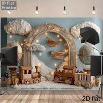 2D Rustic Wood Train Airplane Baby Shower Background for Newborn Photoshoot 47.2x31.5inch/120*80cm