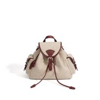 Versatile shoulder messenger bag multi-functional niche fashion small backpack linen with cowhide travel large-capacity backpack beige