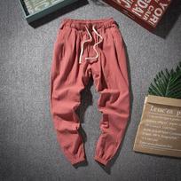 Medvilnės ir lino haremo kelnės vyrams Vienspalvės Elastingas juosmuo Streetwear Džogeriai Laisvos Nuleistas klynas Laisvalaikio kelnės Vyrams Bėgimui S raudona