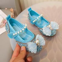 Velcro Children's Pearl Bow Rhinestone Flats - Easy On/Off Princess Crystal Shoes for Girls Size 22 / Insole 14cm mėlyna