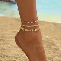 3PCS Layered Stackable Gold Elephant Pearl Herringbone Anklet Set Glass Rhinestone Dainty Boho Summer Beach Jewelry for Women