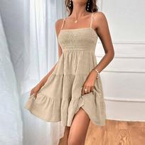 Women's Summer Dress Beach One Neck Thin Strap Color Dress L smėlis