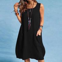 Fashionable Women's Cotton And Linen Loose Pocket Women's Dress L juoda