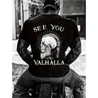 Men's Viking Skull and Valhalla Norse Mythology T-Shirt - Re-printed Viking Helmet and Rune Design - Breathable Loose Crew Neck T-shirt, Suitable for S juoda