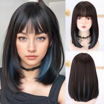 Bob 16 colių juodi laiptų kirpčiukai perukas pluošto sintetinis perukas, karščiui atsparus nežibinantis natūralus Cosplay kasdienis korėjietiškas stilius. 16inches mėlyna/juoda