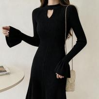 Women's Knitted Dress Long Sleeves Half Turtleneck Sweater Dress Hollow Fashion Clothing Autumn Winter S juoda