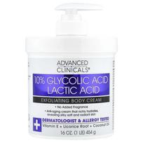 Advanced Clinicals, 10% glikolio rūgštis, pieno rūgštis, šveičiamasis kūno kremas, 16 uncijų (454 g)