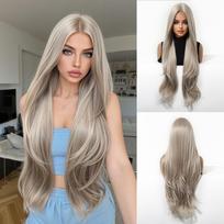 Ilgos aukso blondinės sintetinės perukai Natūralūs banguoti plaukai Perukai moterims Vidurinė dalis Auksinis Cosplay vakarėlio perukas Karščiui atsparus dirbtinis plaukas beige