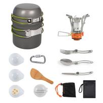 Camping Cookware Kits Outdoor Gas Burners Stove Tourist Pots Set with  Spoon Fork Cutter Outdoor Cooking Utensils žalia