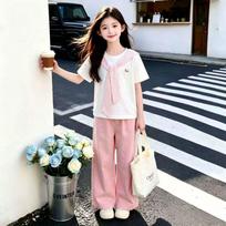 Girls' Pink Shawl & Wide-Leg Pants Summer Two-Piece Set 130 cm rožinė