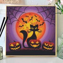 Halloween Full Moon Black Cat Pumpkin Lantern Diamond Painting Full of Diamonds Spider Web Bat Festive Atmosphere DIY Dot Diamond Decorative Painting Round 20x20cm