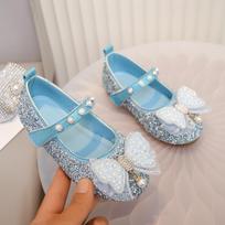 Girls' Rhinestone Pearl Bow Velcro Flats Size 25 / Inner Length 15.5 cm mėlyna