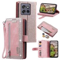 For Motorola Edge 50 Neo 5G Case PU Leather Phone Cover with Zipper Wallet 9 Card Slots - Rose Gold Brown įvairiaspalvis
