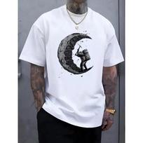 T-Shirt for Larger Men Featuring a Stylish Astronaut Moon Graphic Print, Perfect for a Comfortable Summer Look, Plus Size 2XL balta