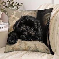 Vikama Modern Black Shih Tzu Ultra-Soft Fleece Single-Sided Printed Pillowcase, Suitable For Sofas, Bedrooms, And Living Rooms Peach skin 18*18(CM)-1Pcs