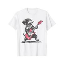 Dachshund Dog Playing Electric Guitar Rock Music T-Shirt - Retro Cute Canine Rock Tee, Soft Breathable Casual Shirt with Short Sleeve Round Neck S balta