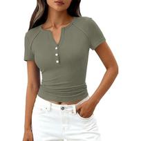 Women's Fashion Casual Color New Short-Sleeved Decorative Button V-Neck T-Shirt Top L armijos žalia spalva
