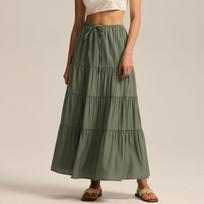 Women's Cotton Skirt High Waist Elastic Lace-up Large Swing Skirt Loose Stitching Long Skirt L armijos žalia spalva